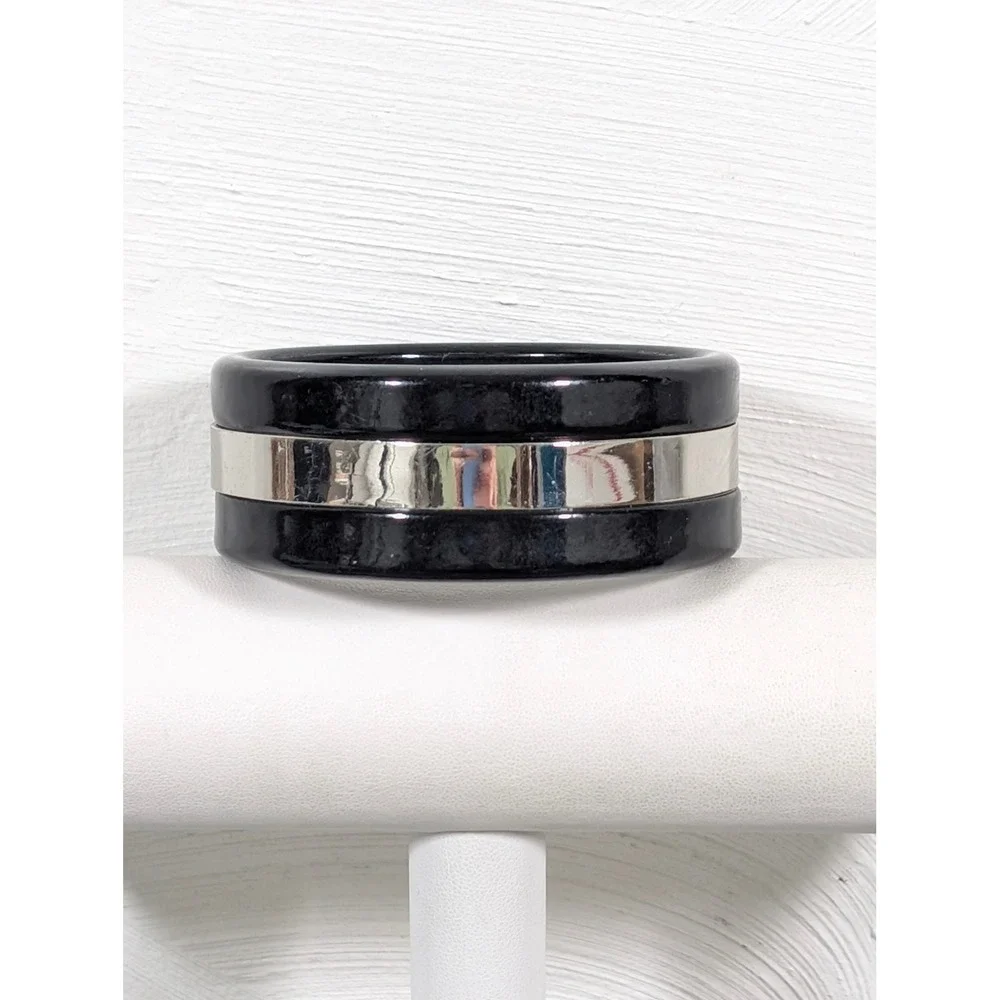 Black Acrylic Bangle Bracelet‎ Wide Chunky Silver Tone Inlay 8 in